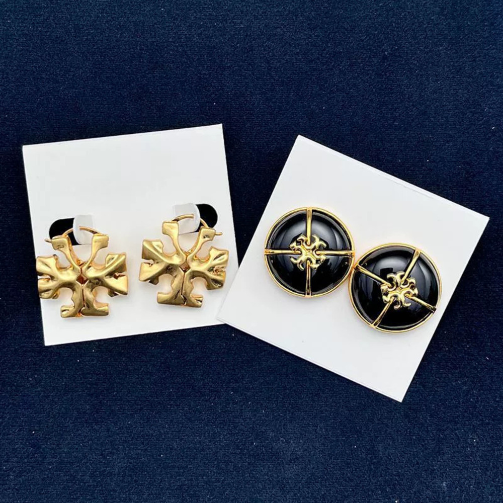 Tory Burch 3D Double Gold Plated Ear Hook Retro Geometric Round Button Stud